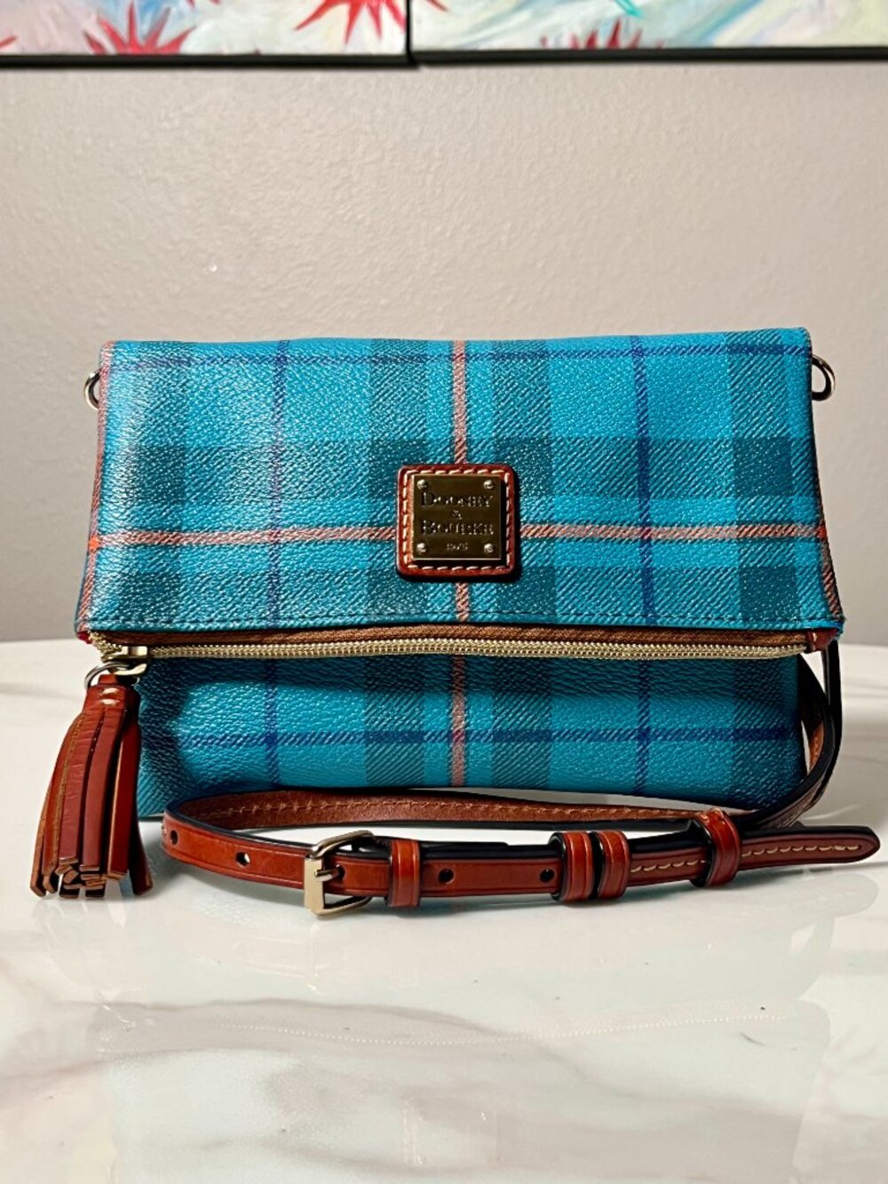 Dooney & Bourke Tiverton Blue Tartan Plaid Crossbody Tassel Bag + COA - Picture 2 of 15